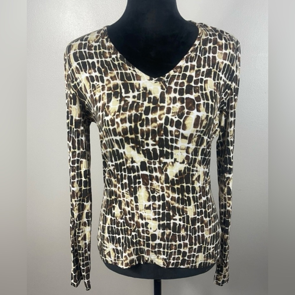 St. John Animal Abstract Print Pullover Long Sleeve Stretch Jersey Top